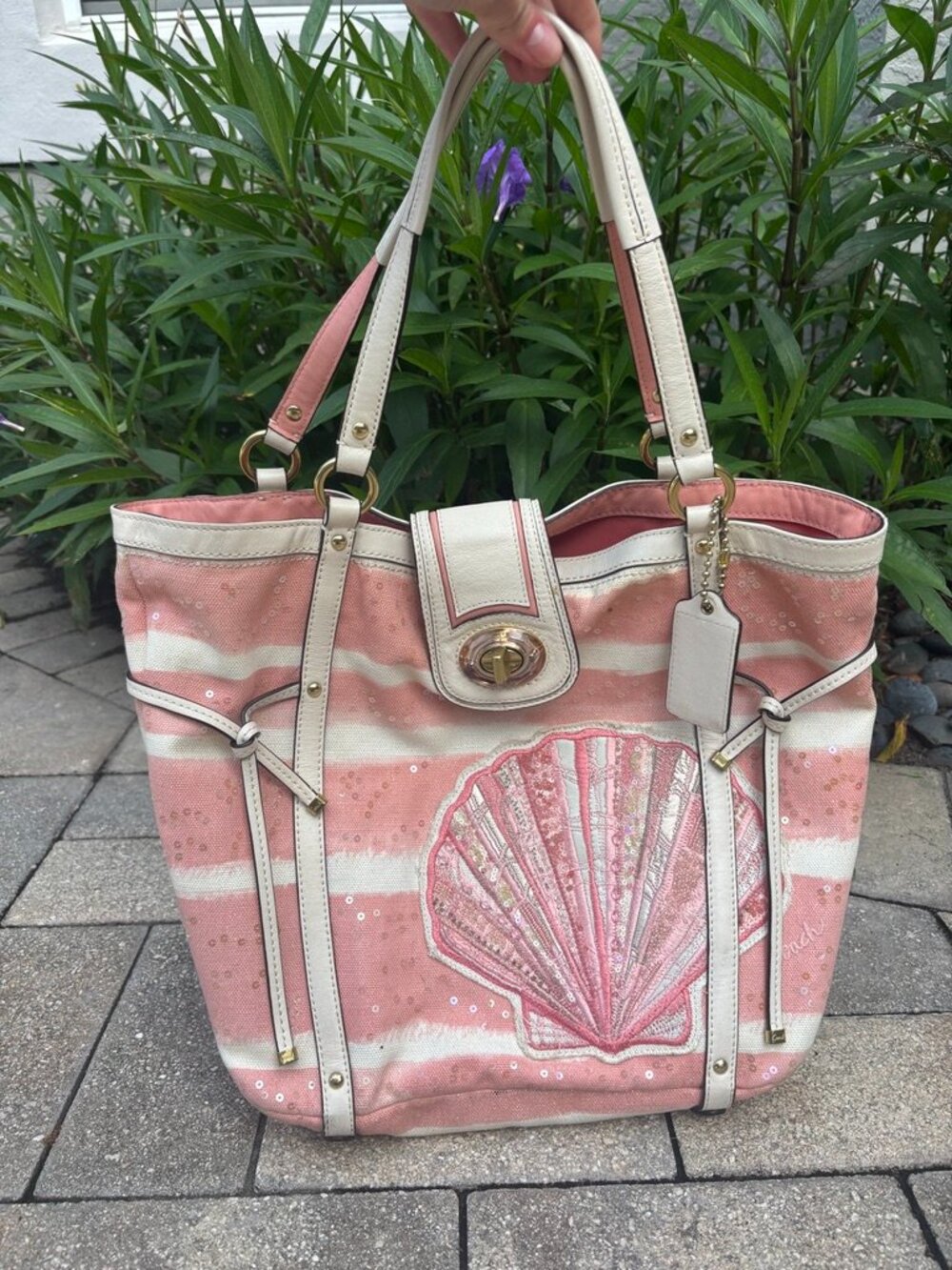 Coach Madison Audrey Shell Beach Appliqué Cinched Tote 19576 Pink Stripe Sequin